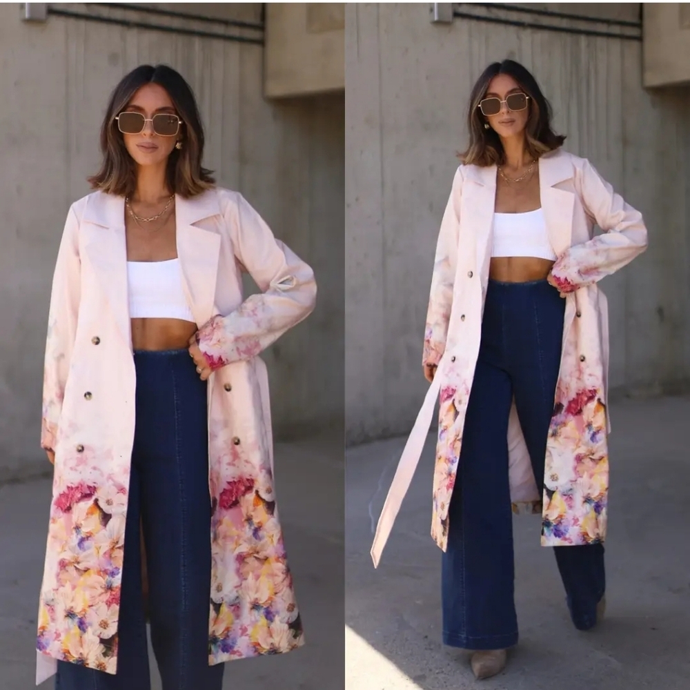 VENUS Pink Floral Watercolor Trench Coat‎ – Feminine Spring Classic 100% Cotton